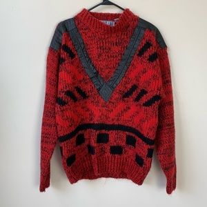Vintage Front Line Acrylic Sweater Leather V Red M